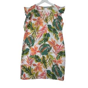Nicole Miller Linen Dress Tropical Ruffle Sleeve Size Small V-neck